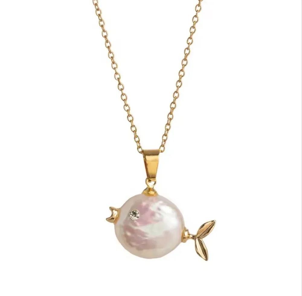 Anthropologie Gold Tone Fish Pendant Necklace Pearl Charm Minimalist NWOT